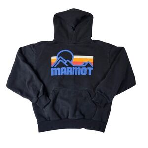 Marmot Hoodie Men Small Black Good Retro Mountain Graphic Pullover Sweatshirt